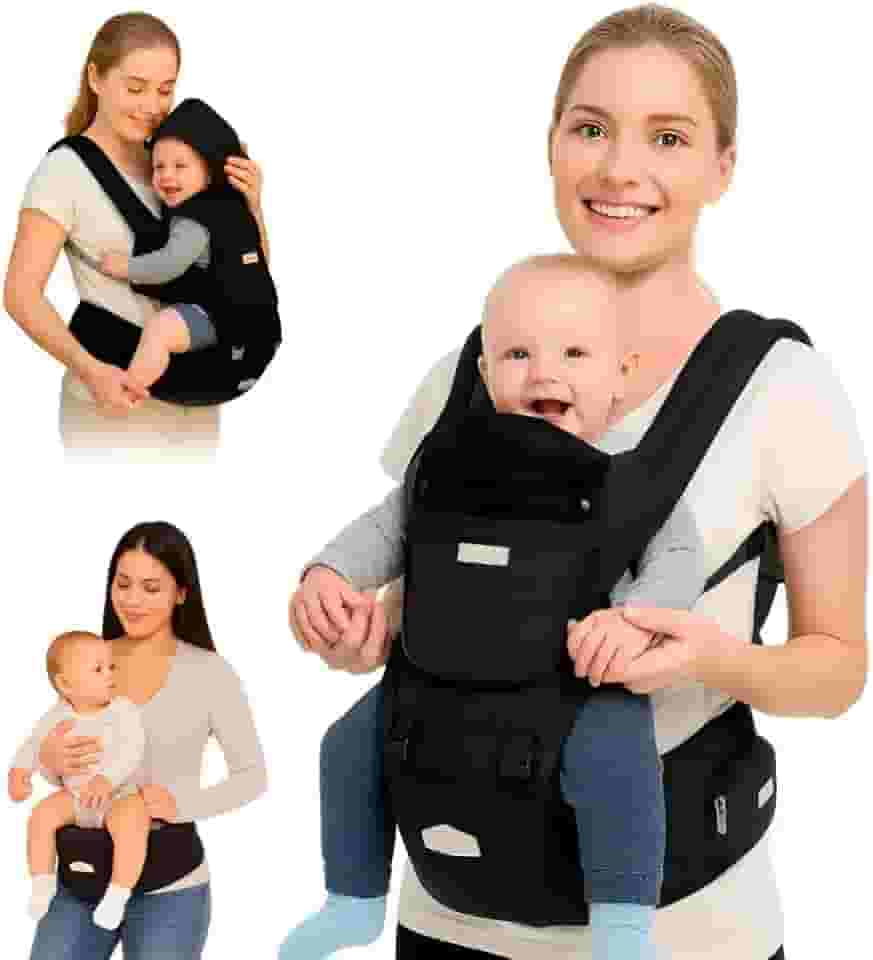 AIEBAO Mochila Bolsa Canguru Exclusive Para Bebê, Assento Ergonômico, Protetor de Sol e Chuva, 03 Modos de Uso, Apoio Lombar, Bolso Frontal e Lateral com Zíper, Até 48 Meses, Suporta 36kg, Acolchoado, Fivelas Ajustáveis, Preto.