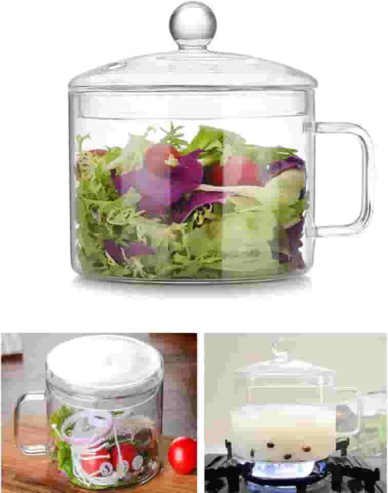 Panela de vidro – Panela de vidro transparente de 1,5 L, panela de cozimento com tampa, alças fáceis de segurar, feita de forno, micro-ondas, segura para macarrão, sopa, leite, chá