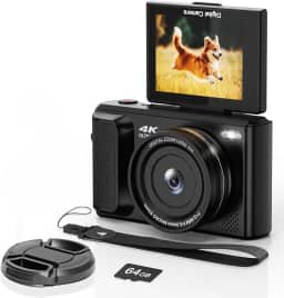 Câmera digital 4K com tela flip de 2,8 polegadas 180° - Canera compacta, câmera fotográfica, design fácil de carregar, cartão de 64 GB para viagens, zoom de 16x, bateria embutida de 1500 mAh