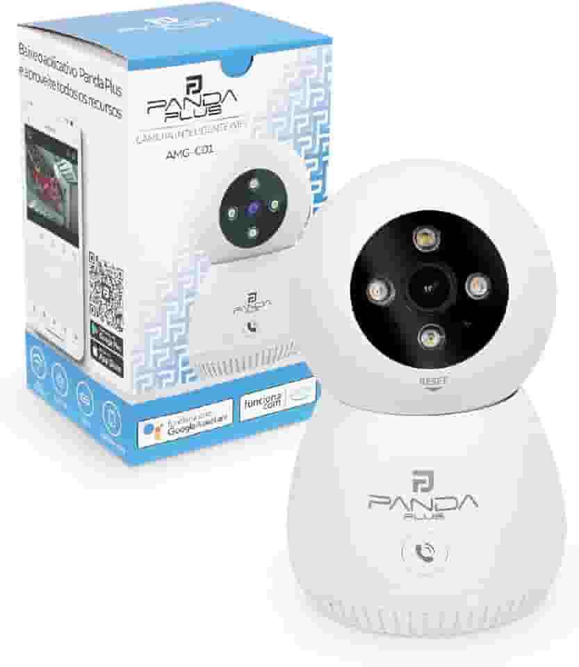 Câmera de Segurança Inteligente WiFi 3MP Giro 360 Visão Noturna Detecção de Movimento IA Áudio Bidirecional Alexa Google Assistente Babá Pet App PandaPlus Tuya Nuvem SD Bivolt Teto Mesa Parede