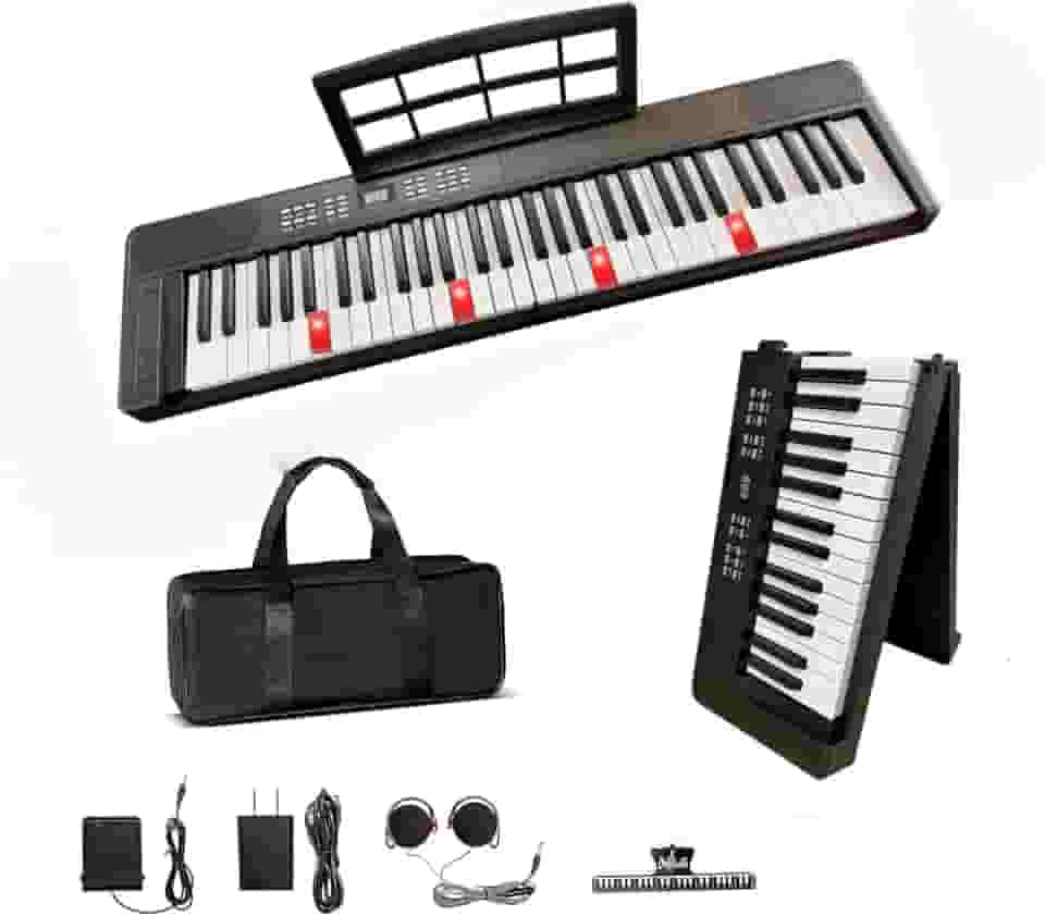 VEDO Piano Digital Dobrável 61 Teclas com Teclas Iluminadas Semi-Ponderadas e Bluetooth MIDI - Teclado Portátil Recarregável para Iniciantes, Adolescentes e Adultos, Inclui Bolsa, Suporte, Pedal