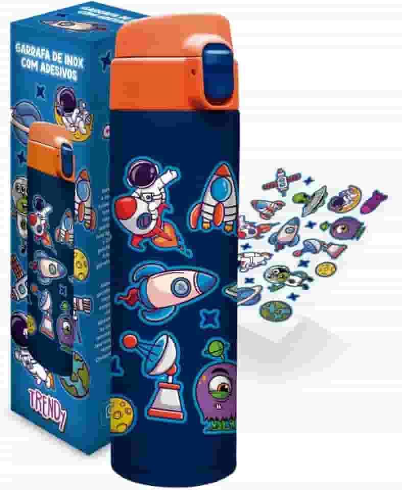 Garrafa Térmica Infantil Inox 420ml Tampa com Trava e Adesivos Divertidos de Astronauta Segura Passeios Viagem Escola Presente Menina Menino Hidratação Lazer Resistente