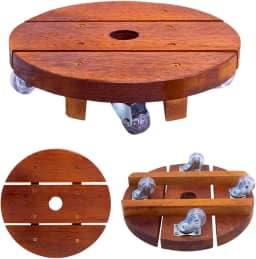 Varana Suporte Redondo para Vaso de Planta em Madeira Cedrinho com Rodinhas de Cristal 20 Cm