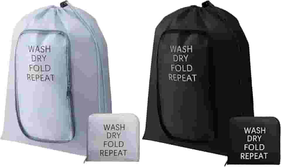 2 peças de sacos de lavanderia de viagem bolsa de roupas sujas para viagens, leve e expansível lavável bolsa de lavanderia com cordão e zíper para mala, 53 x 55 cm (preto, cinza)