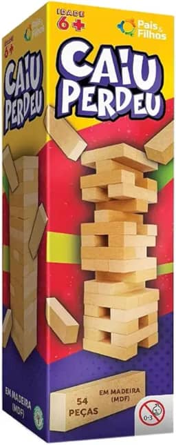 Caiu Perdeu Jogo de Torre de Madeira, 54 Peças em MDF, Brinquedo Educativo para 6+ Anos
