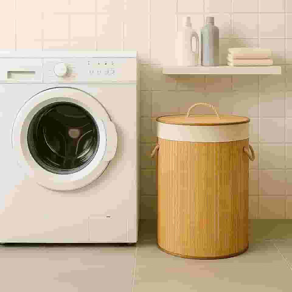 Cesto de Bambu Claro com Tampa para Roupas Sujas. Ideal para Lavanderia, Área de Serviço, Banheiro e Quarto. Forro Removível com Aro de Aço para Fixação, Dobrável, Alça de Corda Macia, Cor Bege