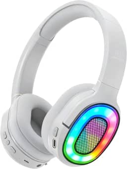 Fones de ouvido Bluetooth com luz LED, com microfone estéreo, fones de ouvido sem fio dobráveis, para viagens de jogos/escritório em casa/PC/celular(branco)