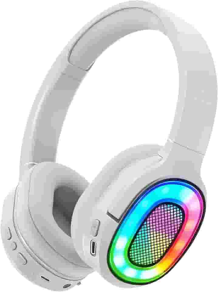 Fones de ouvido Bluetooth com luz LED, com microfone estéreo, fones de ouvido sem fio dobráveis, para viagens de jogos/escritório em casa/PC/celular(branco)