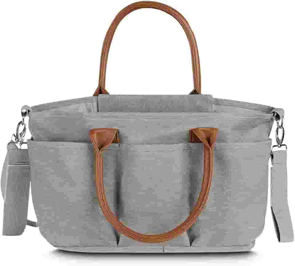 Bolsa maternidade multifuncional em poliéster 300d com detalhes em pu, 5 compartimentos externos, divisórias internas removíveis, compartimento térmico, alças de ombro e mão, engate para carrinho