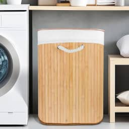 Cesto de Bambu Claro com Tampa para Roupas Sujas. Ideal para Lavanderia, Área de Serviço, Banheiro e Quarto. Forro Removível com Aro de Aço para Fixação, Dobrável, Alça de Corda Macia