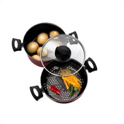 Jogo de Panela Cozimento a Vapor 3L Antiaderente 3x1 Pegadores Antitérmico Cozivapor (Cereja)