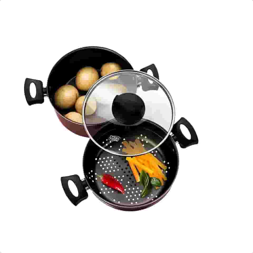 Jogo de Panela Cozimento a Vapor 3L Antiaderente 3x1 Pegadores Antitérmico Cozivapor (Cereja)