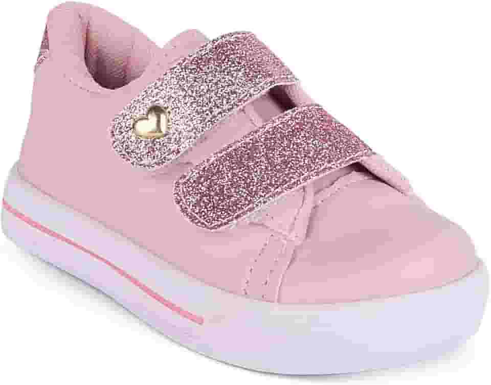 Tênis Infantil Menina Casual Antiderrapante Calce Fácil Glitter Coração Dourado Macio Leve