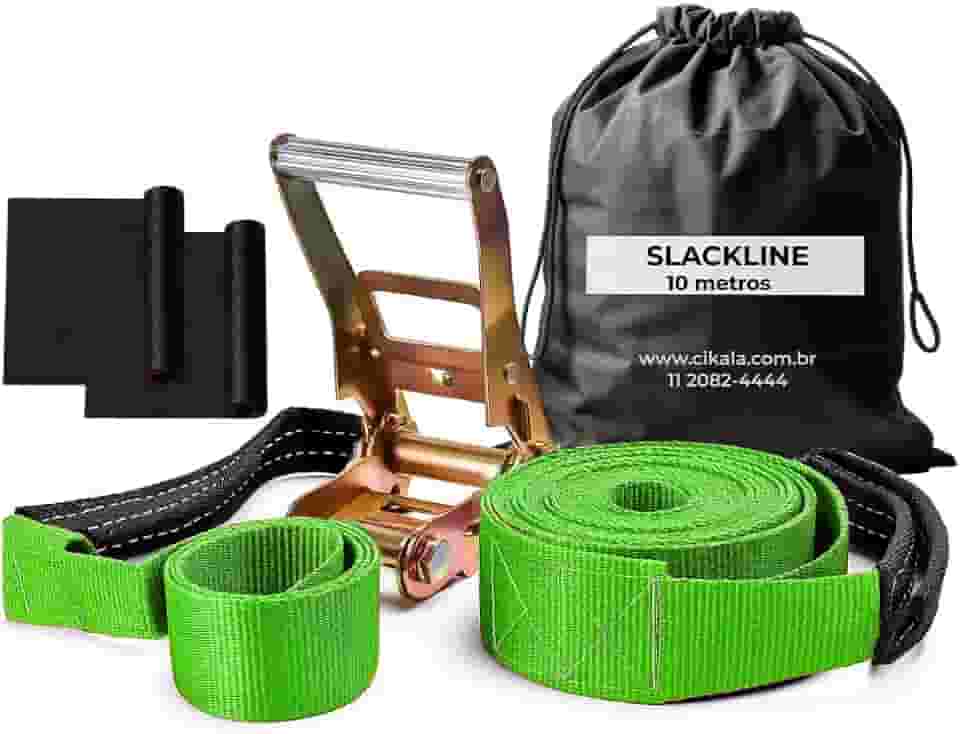 Slackline Verde + Cinta 10 metros Catraca + Alças + Protetores + Bolsa de 2 Ton