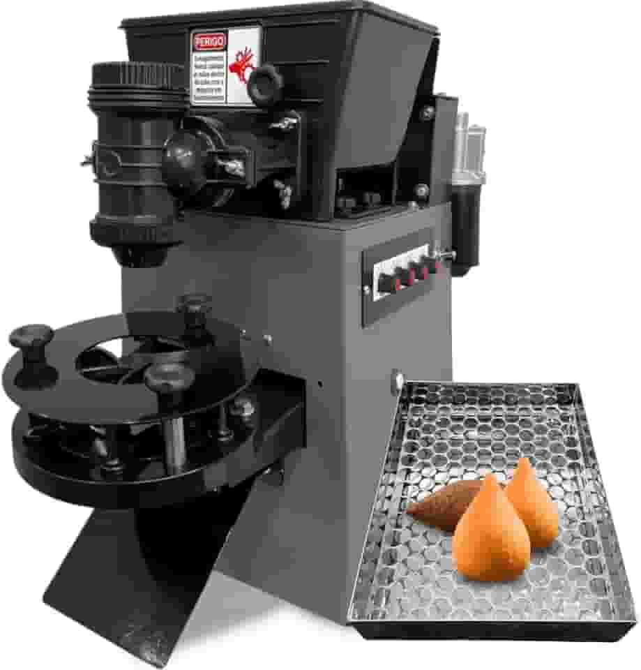 Máquina de Fazer Salgados Automática, 220V, 7g a 150g, 40kg/hora, 3 Motores, com Escorredor de Óleo Inox