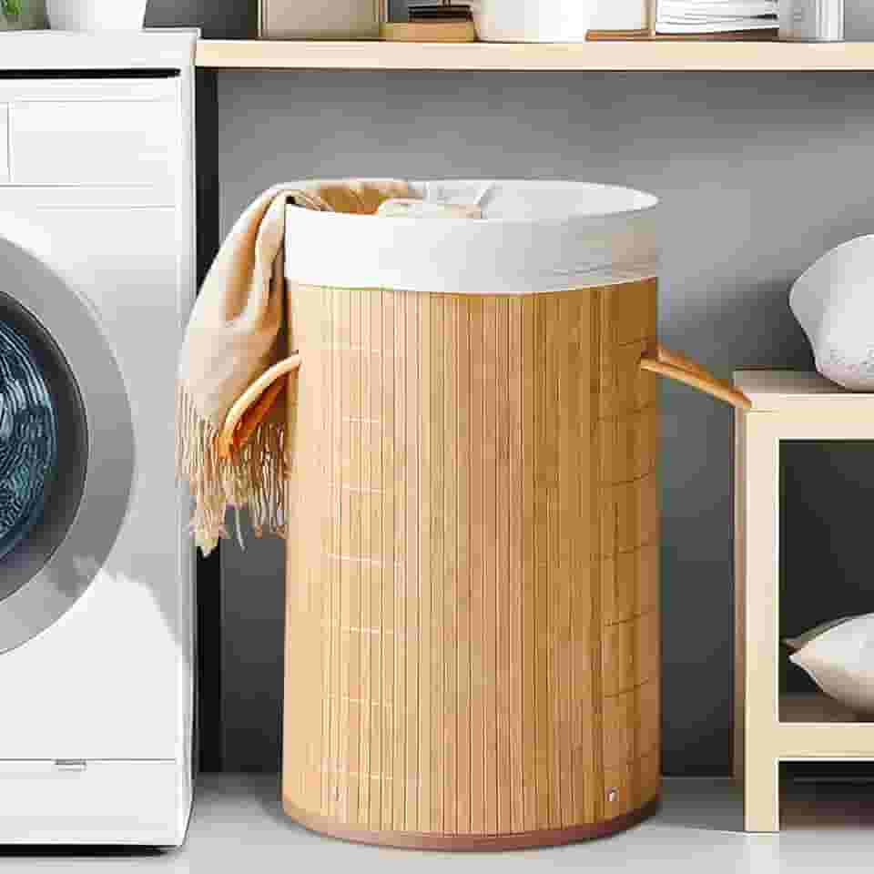 Cesto de Bambu Claro com Tampa para Roupas Sujas. Ideal para Lavanderia, Área de Serviço, Banheiro e Quarto. Forro Removível com Aro de Aço para Fixação, Dobrável, Alça de Corda Macia