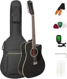 Guitarra elétrica acústica de 12 cordas, 12 cordas, guitarra recortada, pacote com saco de concerto, afinador, cordas, correia, palhetas