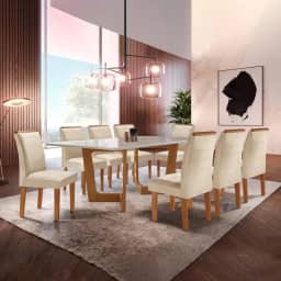 Conjunto Sala De Jantar Nápoles Tampo Vidro/mdf com 8 Cadeiras Luísa Smart Plus Cel Móveis Cinamomo/off White/bege