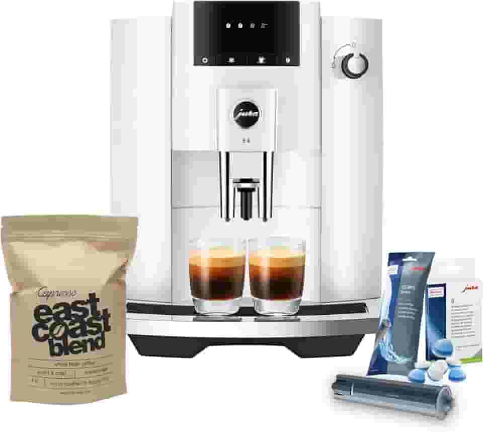 Jura Máquina de café automática E4 (branco piano) com filtragem de água CLEARYL Smart+, 6 tabletes de limpeza e mistura de café integral da costa leste (4 itens)
