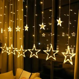 Cascata com 138 LED Formato em Estrela 8 Funções de Pisca para Cortina de luz para decorações de Natal 2,5 Metros Branco Quente (110, Volts)