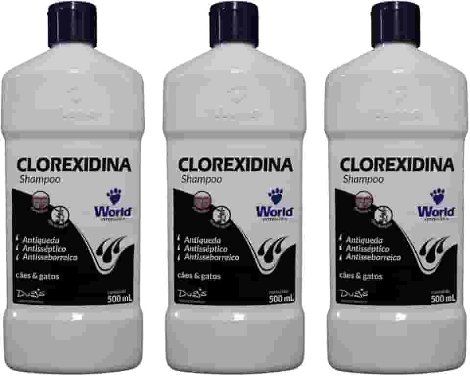 Shampoo Clorexidina Antisséptico e Antiqueda para Cães e Gatos, 500 ml, Embalagem com 3 Unidades