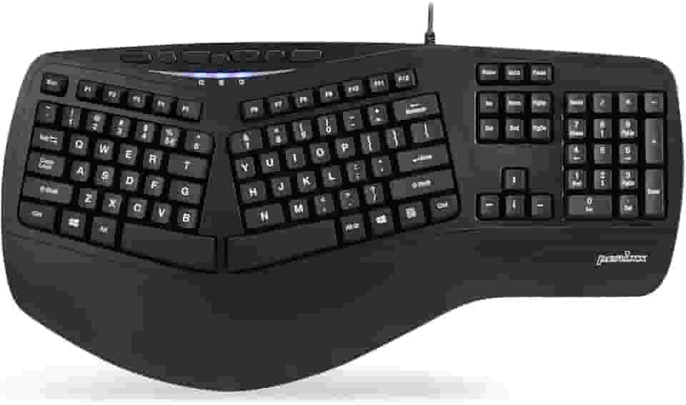 Perixx Teclado ergonômico retroiluminado PERIBOARD-312 – USB com fio com 2 hubs – Design dividido ergonômico natural – LED branco – preto