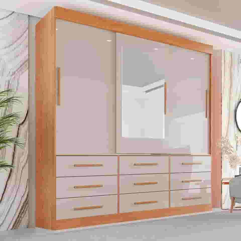 Guarda Roupa Casal 3 Portas 9 Gavetas com Espelho Luana Sallêto Móveis Cinamomo/off White