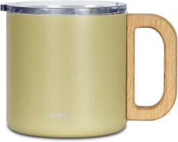 LUMAI Caneca Térmica Vietnã 350ml Aço Inoxidável, Parede Dupla Isolada a Vácuo, Mantém Bebidas Quentes ou Frias por Horas, Tampa Vedada Antivazamento, Alça de Madeira – Amarelo