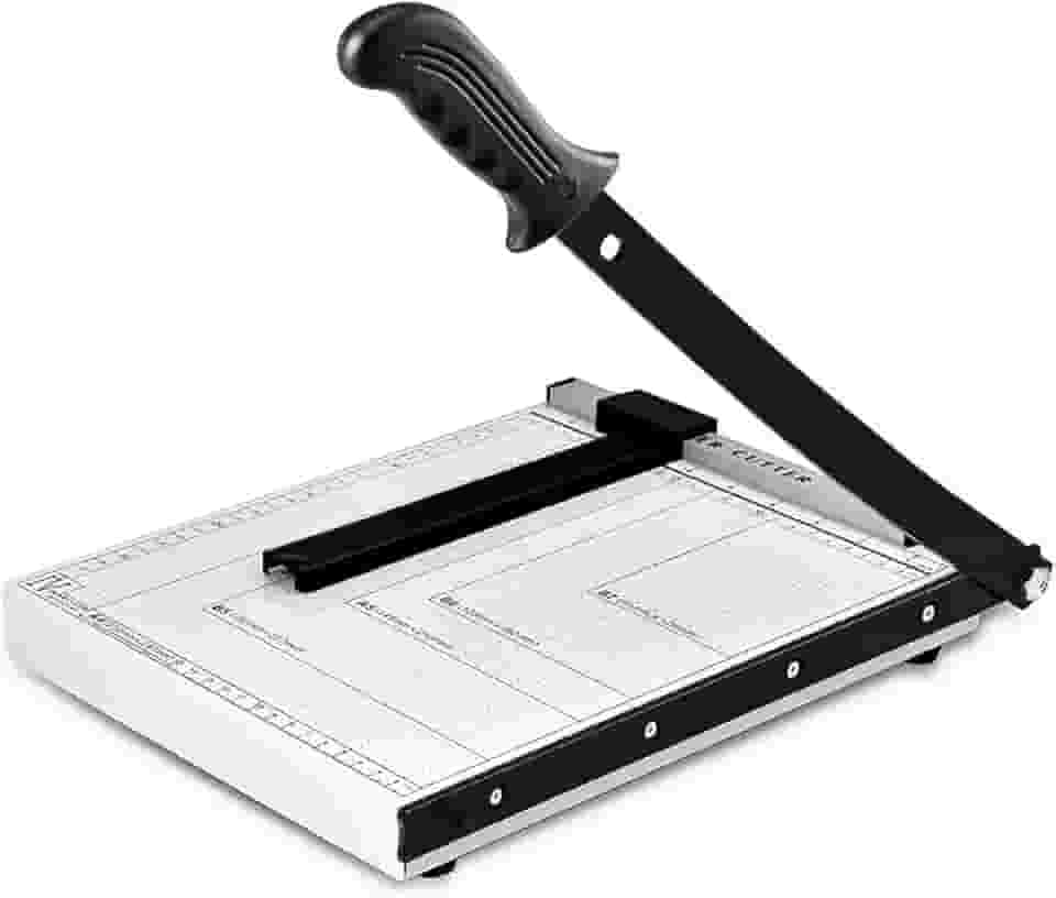 Guilhotina Profissional de Papel A4; Cortador de Papel com Protetor de Segurança, Capacidade 12 folhas, Lâmina de Aço Temperado, Base Metálica e Régua Integrada