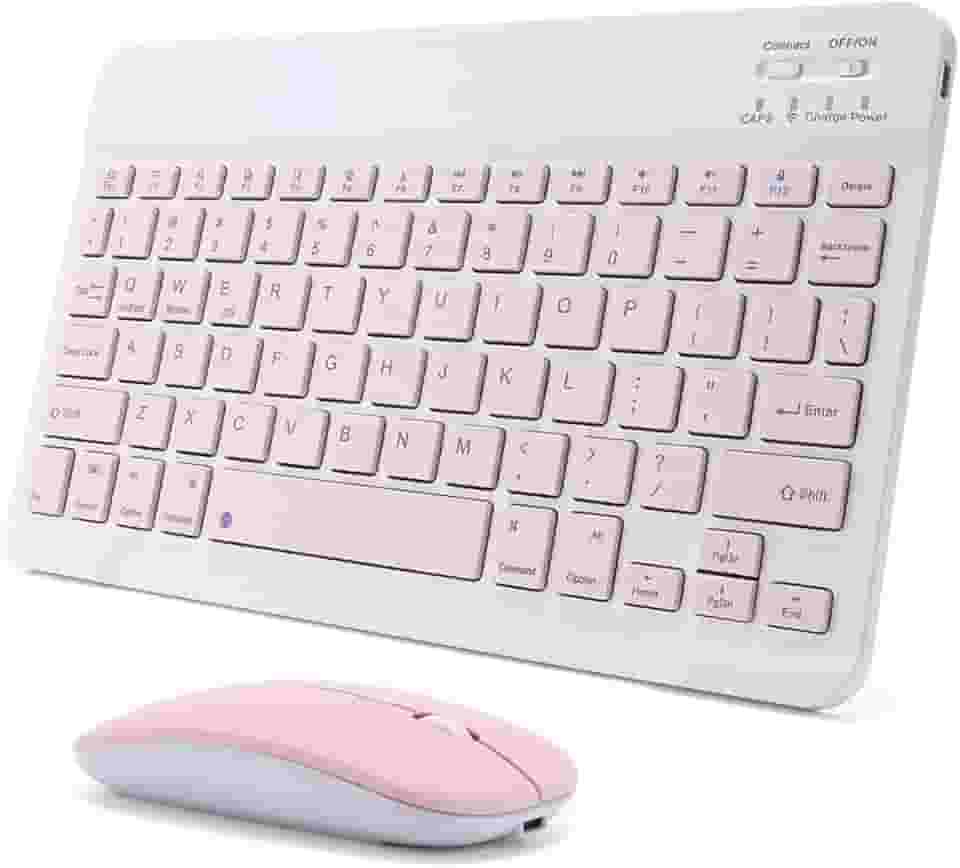 Combo Teclado e Mouse Sem Fio Bluetooth - Ultrafino, Recarregável e Compatível com Tablets e PCs (Rosa)