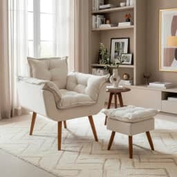 Kit Poltrona Decorativa Para Sala Amamentação Recepção Manicure com Puff Para Quarto Penteadeira Closet Quadrado Tecido Suede (Bege)