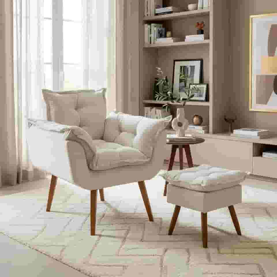 Kit Poltrona Decorativa Para Sala Amamentação Recepção Manicure com Puff Para Quarto Penteadeira Closet Quadrado Tecido Suede (Bege)