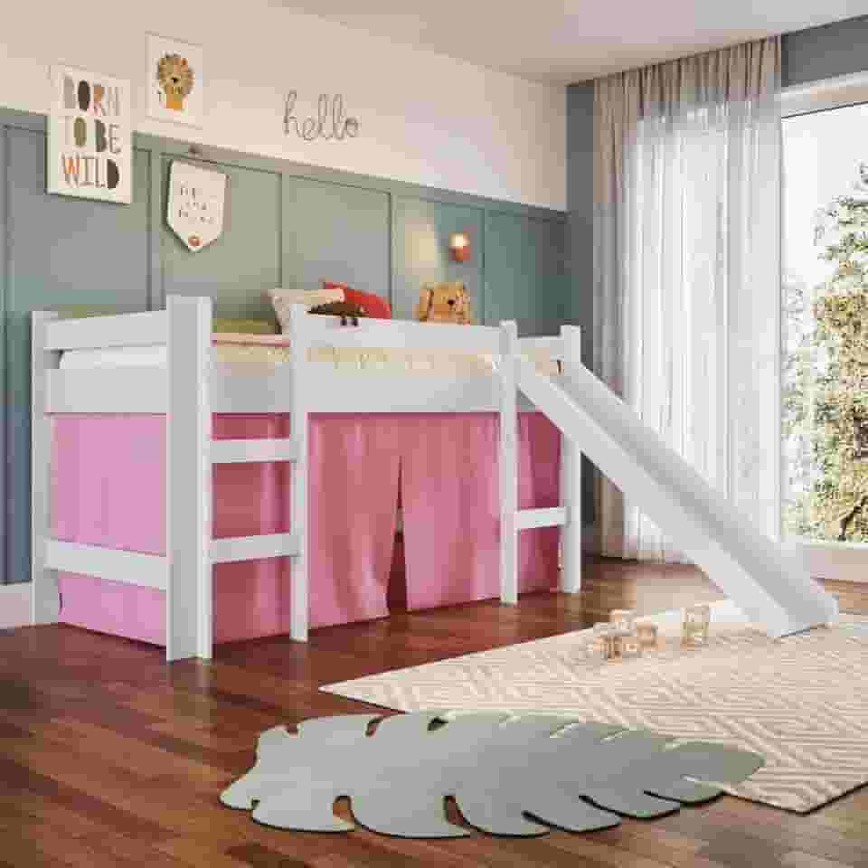 Cama Infantil Elevada Casinha Menino Menina Solteiro 202cm com Escada e Escorregador