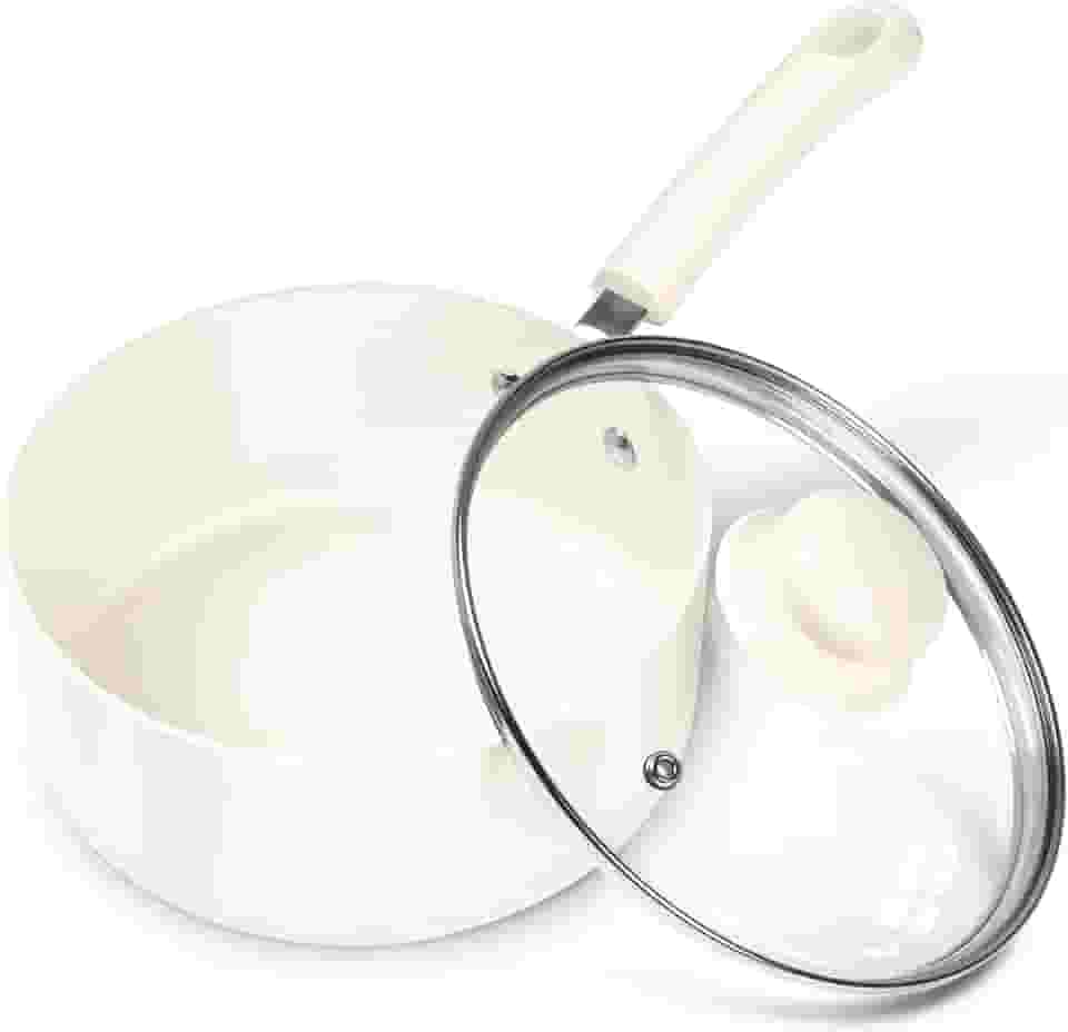 MICHELANGELO Panela de molho com tampa, panelas de cerâmica de 2 litros, panela antiaderente, panela sem PFAS, panelas pequenas para cozinhar, panelas multiuso, branca