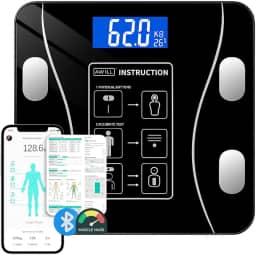 Balança Digital Corporal com Bioimpedância de Chão Mede Composição Corporal Gordura Massa Muscular e IMC Aplicativo Bluetooth iOS Android 180kg Vidro Temperado