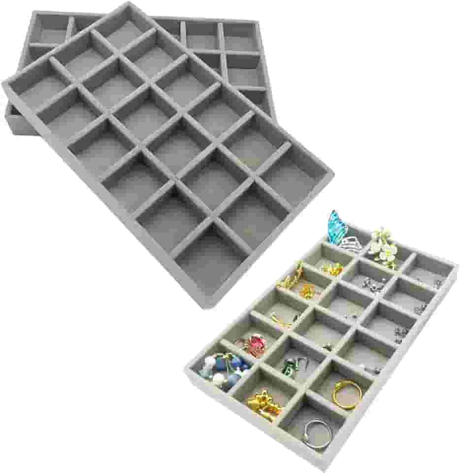 Kit com 2 Estojo Bandeja Organizador de Joias e Bijuterias em Veludo com 18 Espaços (Cinza)