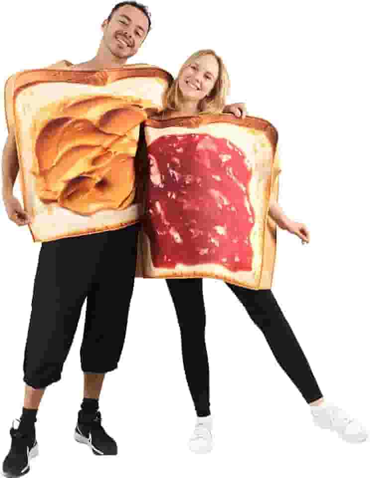 Conjunto de fantasia de casal de manteiga de amendoim e geleia de 2 peças com comida engraçada de Halloween para adultos, multicolorido