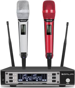 SOMLIMI original EW135G4 Sem Fio Microfone Profissional para Cantares Performances dePalco Karaoke Conferenciada lgreja Palestr (135-White and Red)