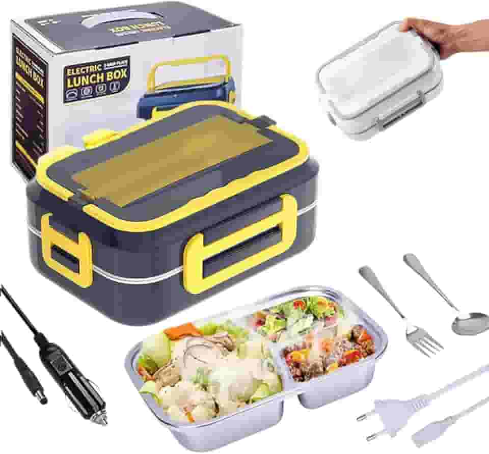 Marmita Elétrica Portátil Veicular de Aço Inoxidável Para Carro Uber Casa Lancheira Térmica 12V,110V, 220V (Bivolt) C/ 3 Divisórias Inox (Azul C/Amarelo) da Marca Midas®