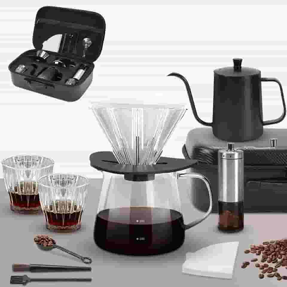 Kit Café 9 Peças, com Coador de Café, com Moedor de Café Manual, com Chaleira de 600mL, Balde para Compartilhar de 350mL, 2Pce Copos 100mL, PapéIs de Filtro 40Pcs, Conjunto de Cafeteira