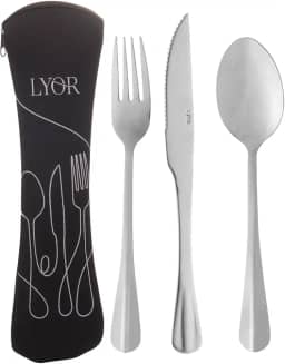 LYOR - Conjunto 4 peças Estojo de Neoprene Preto com 3 Talheres Positano Aço Inox