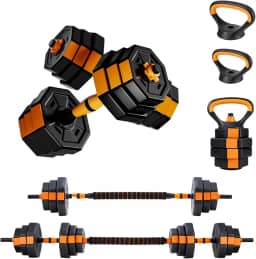 Joyfox Kit Halteres Ajustáveis 5 em 1 Octogonal com Anilhas e Kettlebell – Multifuncional para Musculação, Crossfit e Academia em Casa