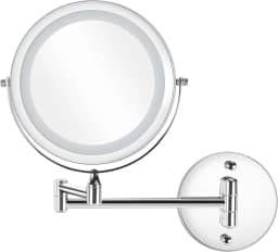 Espelho de Maquilhagem Iluminado de 7 Polegadas Para Montagem Na Parede, Espelho de Maquilhagem Redondo com Ampliação Dupla 1x/5x, Prata