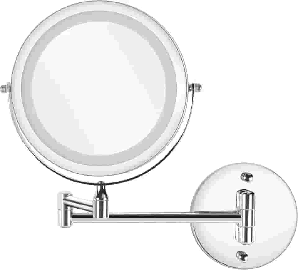 Espelho de Maquilhagem Iluminado de 7 Polegadas Para Montagem Na Parede, Espelho de Maquilhagem Redondo com Ampliação Dupla 1x/5x, Prata