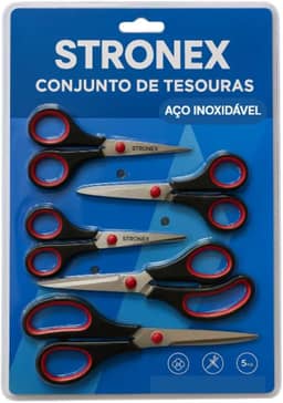 Conjunto de Tesouras, Aço Inoxidável, Preto e Vermelho, Kit 5 Peças 13-25cm, Cabo Ergonômico, para Uso Escolar, Doméstico, Escritório, Costura, Artesanato