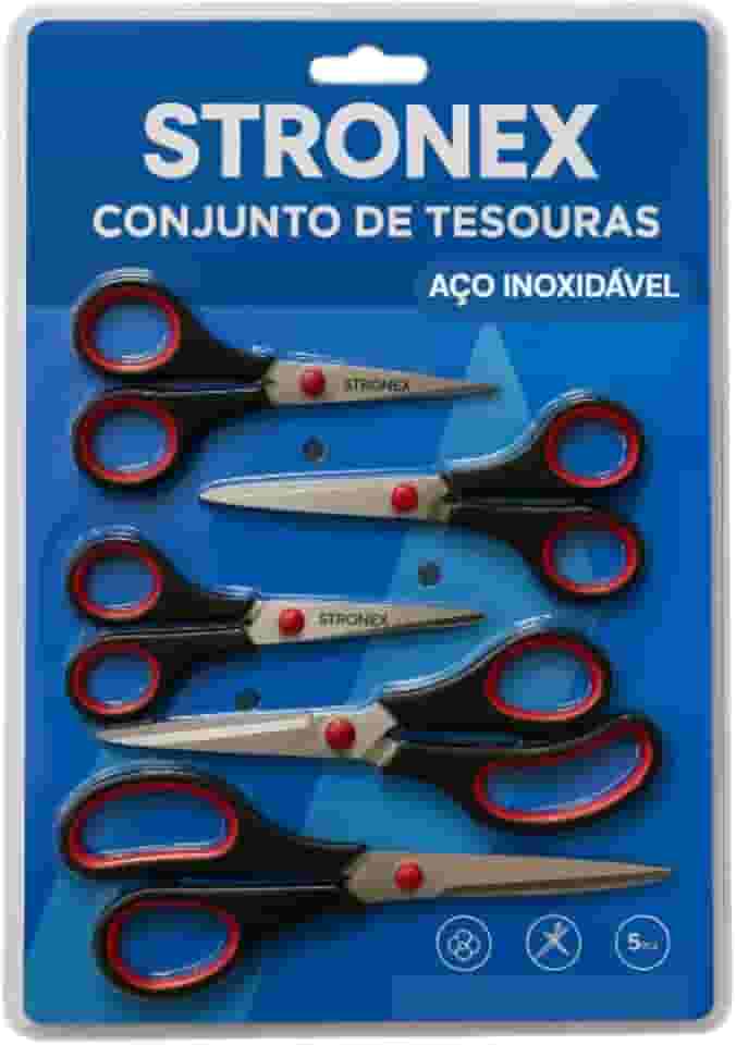 Conjunto de Tesouras, Aço Inoxidável, Preto e Vermelho, Kit 5 Peças 13-25cm, Cabo Ergonômico, para Uso Escolar, Doméstico, Escritório, Costura, Artesanato