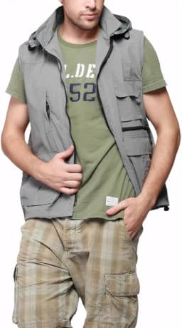 Colete masculino de safári com capuz, vários bolsos, para fotografia, viagem, trilhas, colete