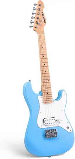 SONICAKE Guitarra elétrica infantil de 76 cm, corpo de madeira maciça leve e júnior com captador Humbucker, pescoço e escala de madeira de uma peça, extremidades arredondadas, azul