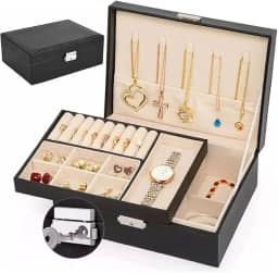 Caixa Porta Jóias Bijouterias em Couro Ecológico com divisórias e chaves (Preto)