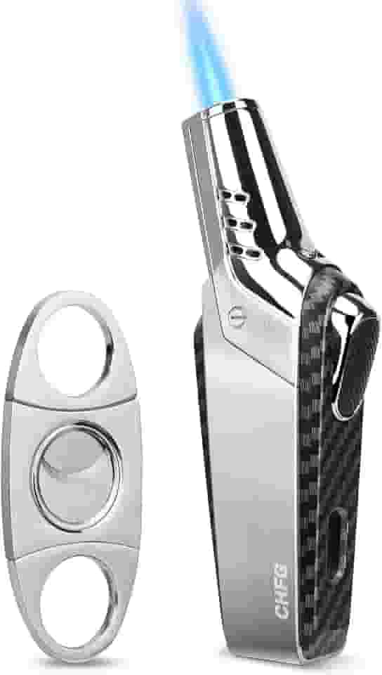 Isqueiros de maçarico recarregáveis, butano, à prova de vento, ajustável, acendedor de chama, janela visível com conjunto de cortador de charutos, fibra de carbono, ótimo presente para homens